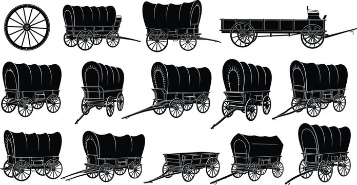 Covered wagon silhouette illustration collection, historical outline figure, transport motif drawing, pioneer icon art, vintage design graphic, migration posture symbol image