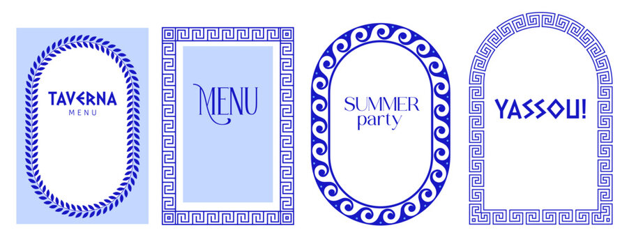 Greek menu and summer party frame collection with decorative borders and Mediterranean ornament. Modern blue and white vector illustrations set.
