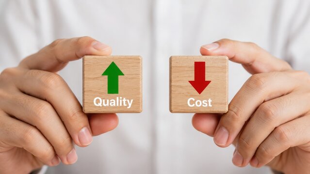 Hands holding wooden blocks with quality up arrow and cost down arrow concept