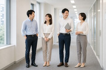 Fototapeta premium 窓際の廊下で立ち話をする四人チーム