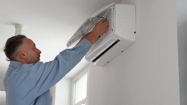 Man removing dirty filter from air conditioner on wall, checking mesh coarse clogged with dust, home appliance maintenance and cooling system care, male inspecting unclean dirty filter from AC blower.