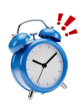 Isolated blue alarm clock ringing loudly with red exclamation marks symbolizing urgency.