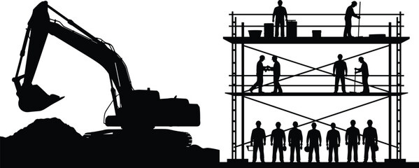 Obraz premium Construction site silhouette collection, excavator outline figure, worker motif illustration, building icon art, scaffolding design graphic, teamwork posture symbol image