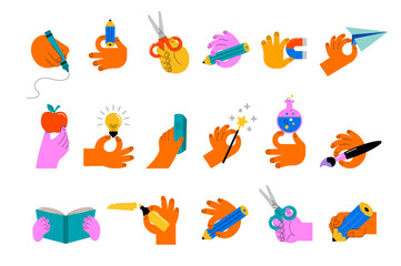 Collection of colorful hand illustrations with educational tools and office supplies. Trendy back to school concept doodles set.