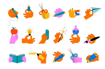 Fototapeten Restaurant Collection of colorful hand illustrations with educational tools and office supplies. Trendy back to school concept doodles set.  © Marina Zlochin