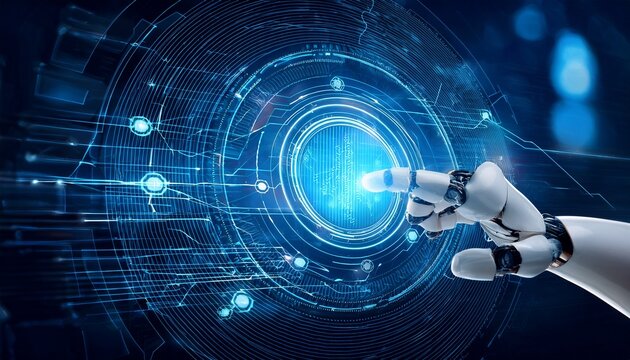 robot hand pressing on virtual digital screen big data connection technology ai machine learning idea concept