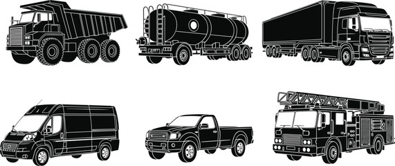 Commercial vehicle silhouettes, dump tanker semi-truck artwork, cargo van pickup fire truck design, black white illustration set, transport figure collection © Fenshi