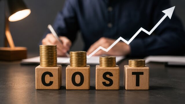 Rising costs concept with stacked coins on cost blocks and an upward arrow indicating increase