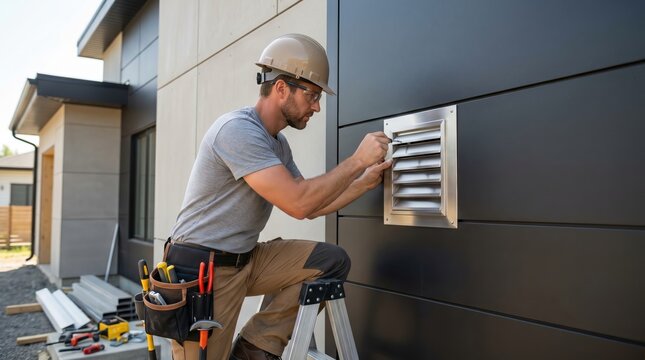 Construction worker on a ladder installing a metal ventilation grille on the dark exterior of a modern house