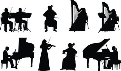 Classical musician silhouette illustration set, orchestra instrument performance artwork, violin cello piano harp vector design concept © Fenshi