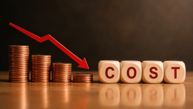 Cost reduction concept with decreasing coin stacks, downward arrow, and wooden blocks spelling cost