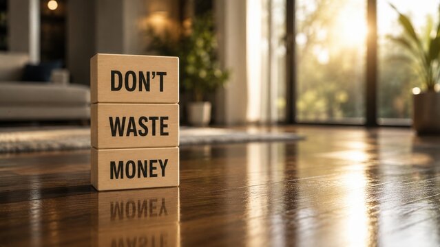 Dont waste money message on wooden blocks in a bright home interior setting