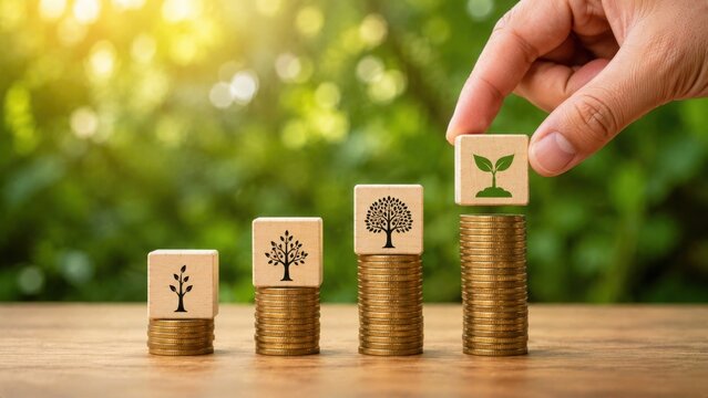 Hand placing a wooden block with a plant icon on a stack of coins