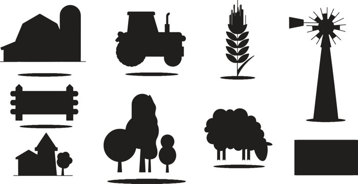 Agricultural elements set with farm buildings and rural scenery, agricultural