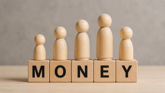 Wooden figures on blocks spelling the word money