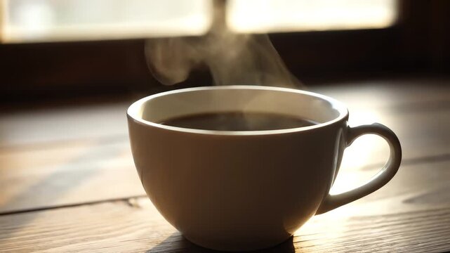 Close-up of a steaming mug filled with a dark liquid, set on a wooden table, near a window