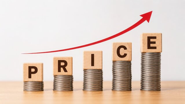 Price increase concept with wooden blocks and upward arrow on growing stacks of coins