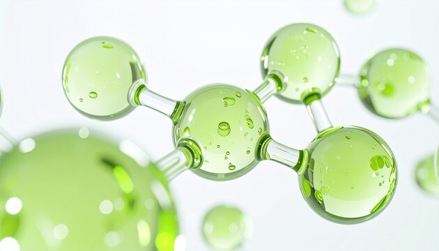 フレッシュなライトグリーンが印象的な透明分子デザイン。CICAや植物由来美容液を想起させるラグジュアリー広告素材。ジェネレーティブAI