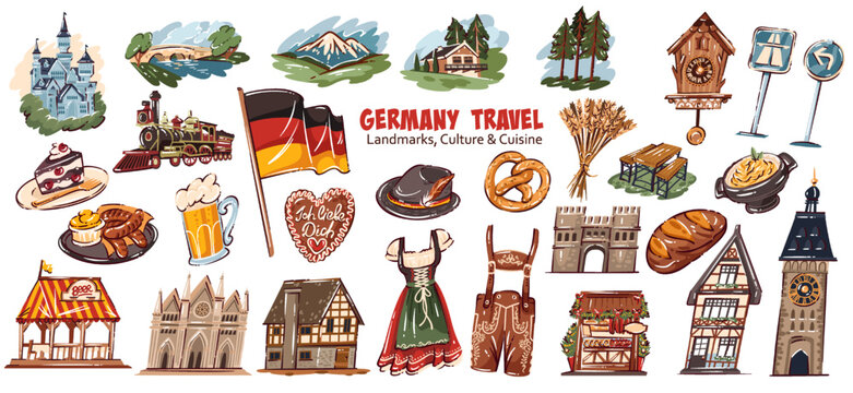 Germany travel landmarks with castle, flag, pretzel, beer, cuckoo clock, alpine house and folk costume. Map, poster and tourism decor with Germany travel, doodle vector illustration