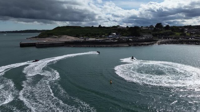 4K Slow Motion Aerial View of Jet Ski Turning off Courtown Wexford