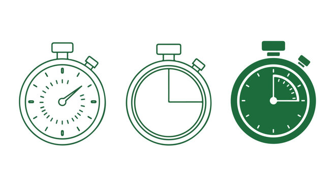 Set of three stopwatch icons in green and white with varied stroke weights and outlines.
