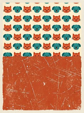 cats and dogs peeking over a textured orange surface in a playful and whimsical top-down view for children's products and stationery use, featuring repeating patterns of cats and dogs.
