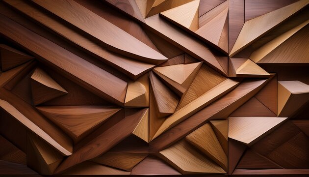 background image of a textured wall with wooden geometric polygonal shapes protruding out in a 3d high end wall art installation