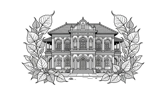 Detailed line art illustration of a classic colonial style mansion framed by decorative bodhi leaves.