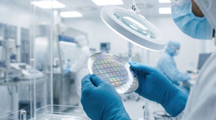 Fototapeta premium Engineer in a cleanroom suit inspecting a silicon wafer under a magnifying lamp