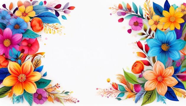 bright floral border with various blooming flowers and petals on a white background blue orange pink yellow and green leaves create a lively decorative frame for text