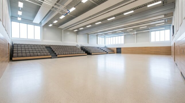 Large empty indoor school gymnasium with modern retractable bleacher seating