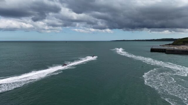 4K Aerial View of Jet Ski Wakes off Courtown Coast Wexford Ireland
