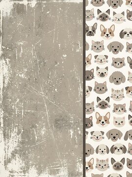 Split image with distressed gray texture beside playful animal wallpaper