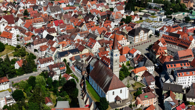 Aerial view around the old town  of the city Ehingen an der Donau in  south Germany on a sunny spring day
