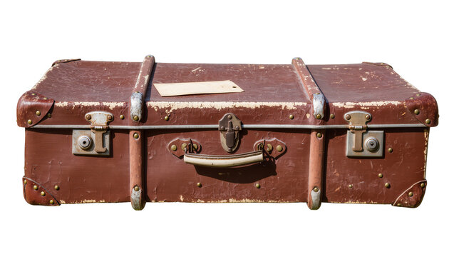 Isolated vintage brown luggage with aged leather, metal latches and a small blank paper tag
