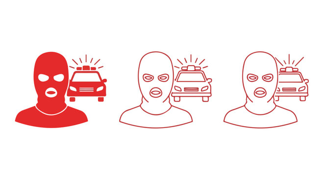 Three stylized human icons with a small van illustration in red and outline variations.