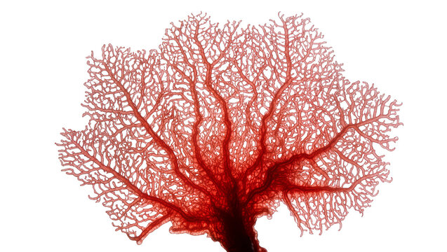 Isolated delicate red gorgonian coral fan intricate network detailed organic marine life texture