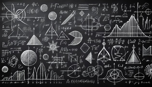educational background featuring hand drawn white chalk sketches of mathematical formulas physics equations science symbols and geometry tools on a classic black chalkboard for school themes