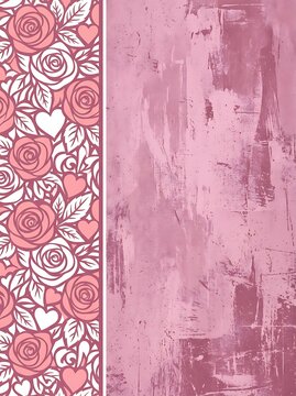 Roses and hearts none, in abstract background, with roses, hearts, with paper cutout, abstract paint texture, from a side view perspective, with pink, white accents.