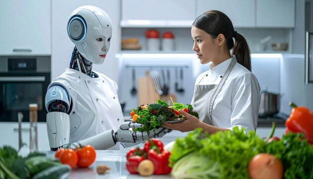 Female asian chef in white uniform and apron standing in modern kitchen and looking at humanoid robot assistant holding bowl of fresh green salad. Human-AI interaction concept