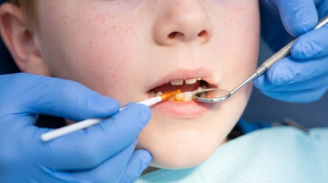 Pediatric dentist applying fluoride varnish to a child's teeth with a brush and dental mirror during preventive dental treatment in a clinic.