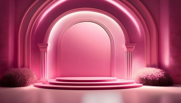 elegant pink arch podium with soft lighting a stylish pink arch podium with soft lighting and textured steps creating a luxurious and feminine backdrop ideal for product displays or events