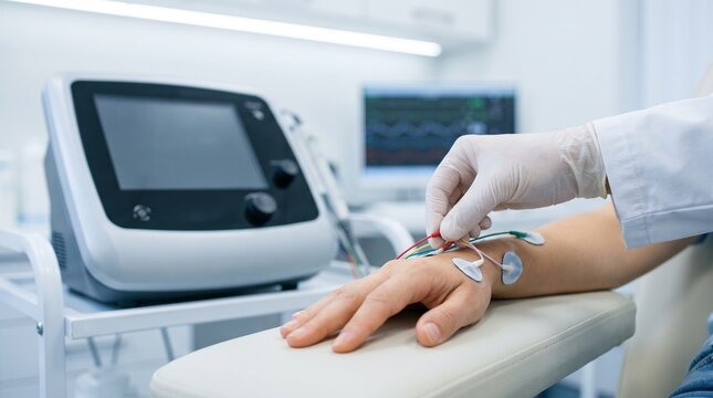 Neurology. Clinician attaching surface electrodes to a patient&rsquo;s hand and wrist for nerve conduction study and electromyography assessing neuropathy and carpal tunnel syndrome