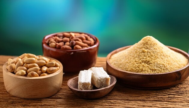 traditional brazilian peanut sweets pacoca and pe de moleque arranged artistically on a rustic wooden table highlighting the rich textures and flavors of festa junina celebration delicacies