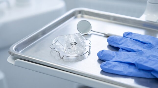 Orthodontics. Removable orthodontic plate with metal wires, dental mirror and examination gloves arranged on a clinical tray