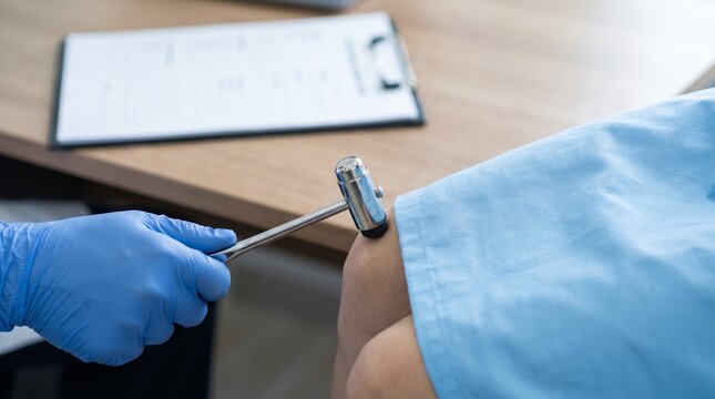 Neurology. Neurologist testing a patient&rsquo;s patellar reflex with a reflex hammer during a neurological examination