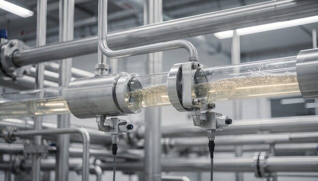 Medium shot showing pipelines fitted with conductivity and refractometer sensors analyzing fluid properties continuously for process optimization.