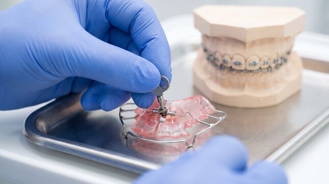 Orthodontics. Clinician adjusting an expansion screw on a removable acrylic orthodontic appliance beside a dental model with braces for bite correction and jaw development
