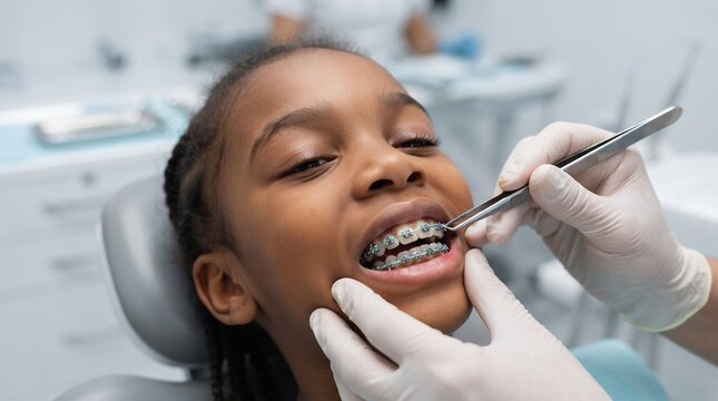 Orthodontist adjusting the archwire and brackets on an African American girl&rsquo;s metal braces with dental tweezers during a pediatric orthodontic appointment