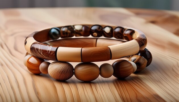 polished wooden bead bracelets in various natural shades resting on a soft light wood tabletop emphasizing minimalist design and organic style texture round earthy